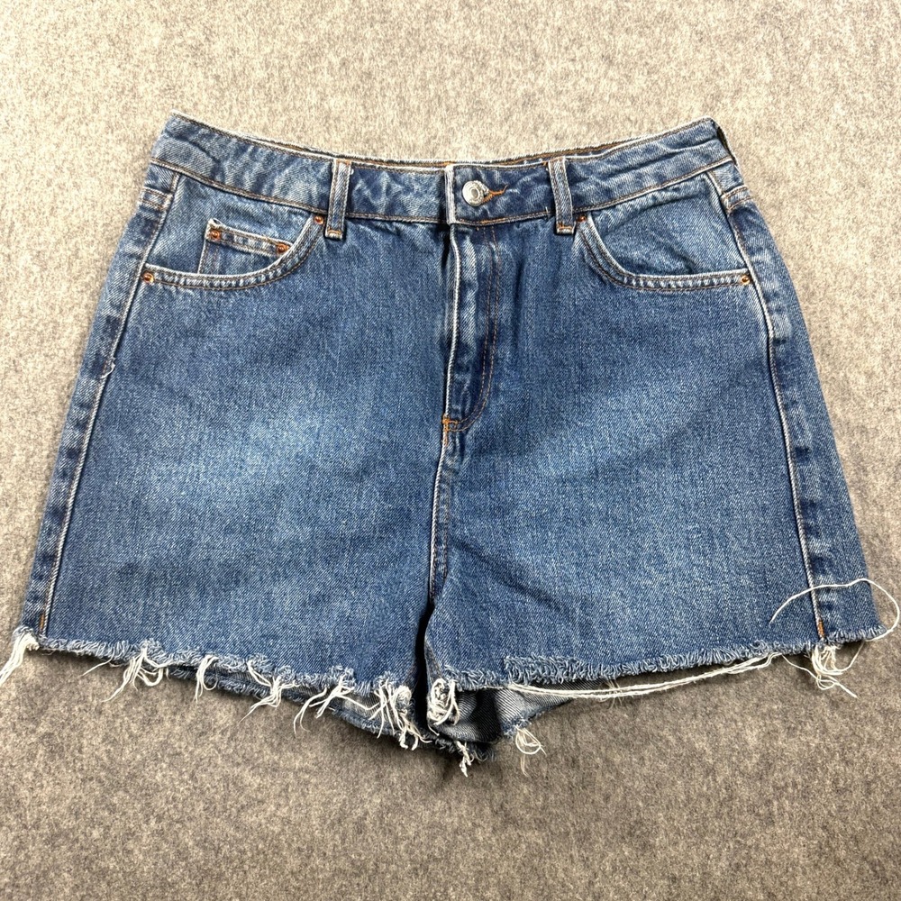 Topshop Womens Premium Denim Mom Shorts US 8 Zip Fly Button Five Pocket Hem